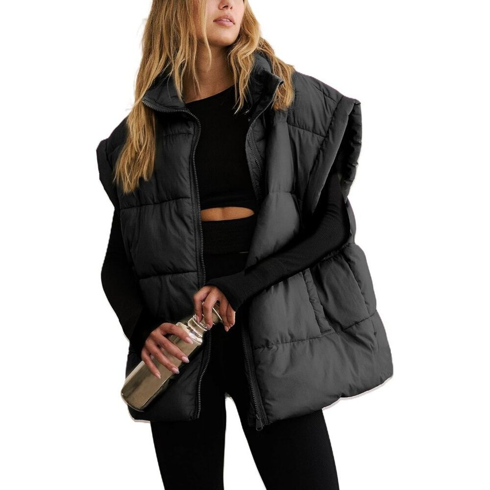 Women's Black Winter Puffer Vest Quilted Lightweight Stand Collar Sleeveless